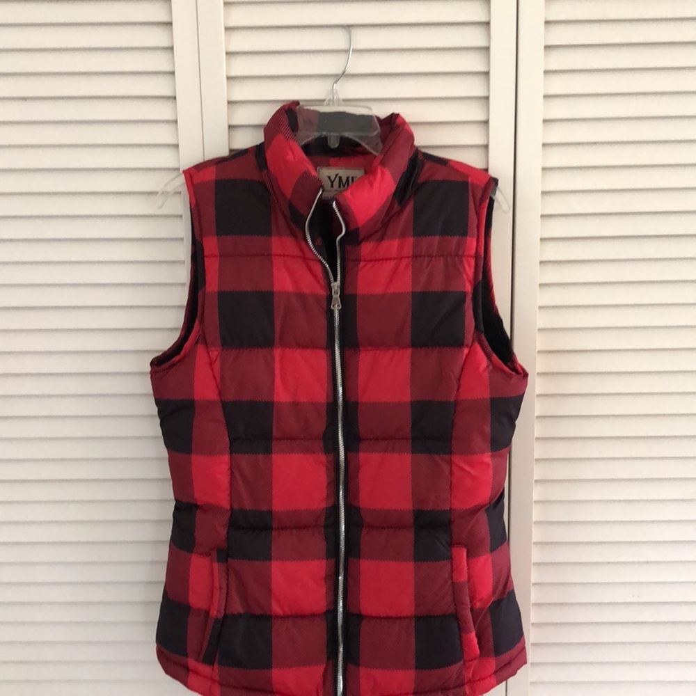 Red and black buffalo plaid puffer vest